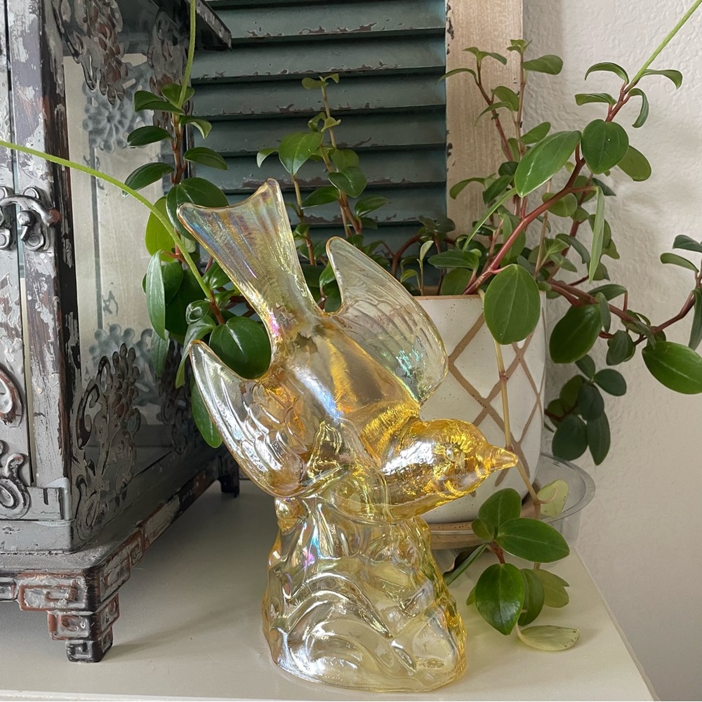 Vintage Iridescent Amber Glass Bird Sculpture
